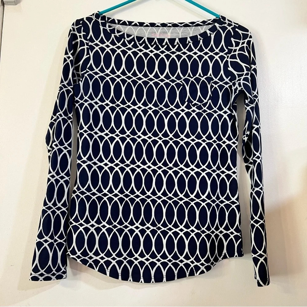 Lilly Pulitzer Printed Long Sleeve Tee T-Shirt Top Blue Prima Cotton Xs